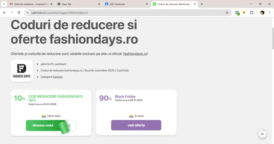 cashclub cupoane reducere fashiondays